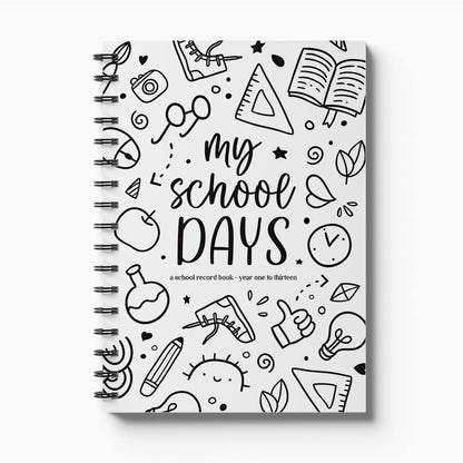 School Record Book with monochromatic Schoolies cover on white background, NZ designed school years keepsake by Paper Heart Design