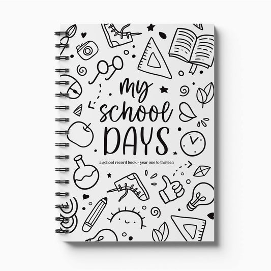 School Record Book with monochromatic Schoolies cover on white background, NZ designed school years keepsake by Paper Heart Design
