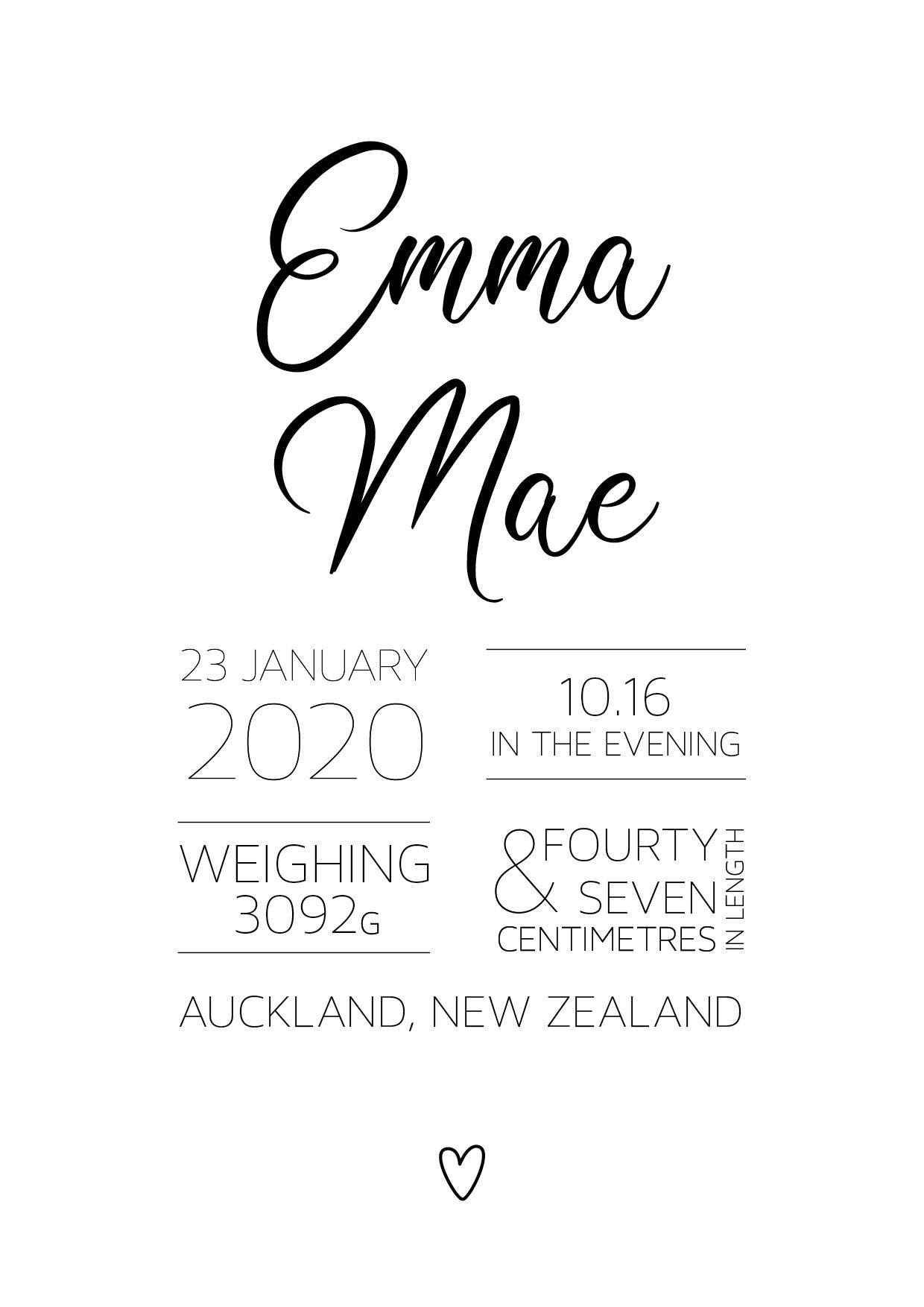 Script Birth Print personalised baby birth print in black on white background, elegant cursive keepsake by Paper Heart Design NZ