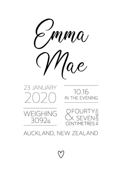 Script Birth Print personalised baby birth print in black on white background, elegant cursive keepsake by Paper Heart Design NZ