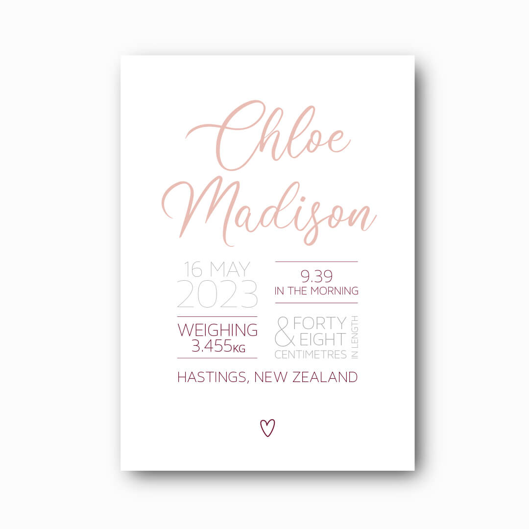 Script Birth Print personalised baby birth print in pink on white background, elegant cursive keepsake by Paper Heart Design NZ