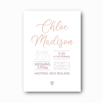Script Birth Print personalised baby birth print in pink on white background, elegant cursive keepsake by Paper Heart Design NZ