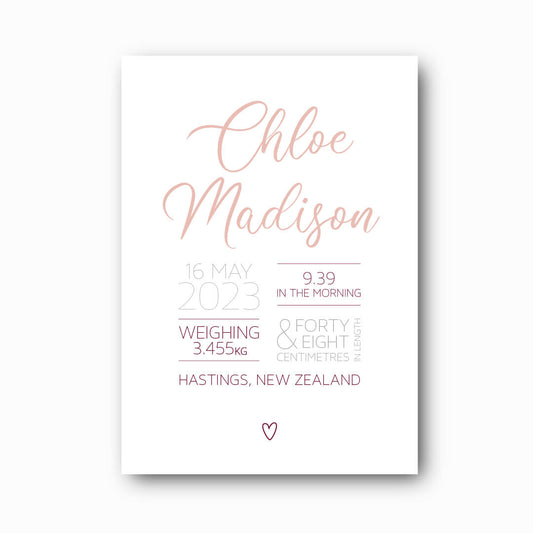 Script Birth Print personalised baby birth print in pink on white background, elegant cursive keepsake by Paper Heart Design NZ
