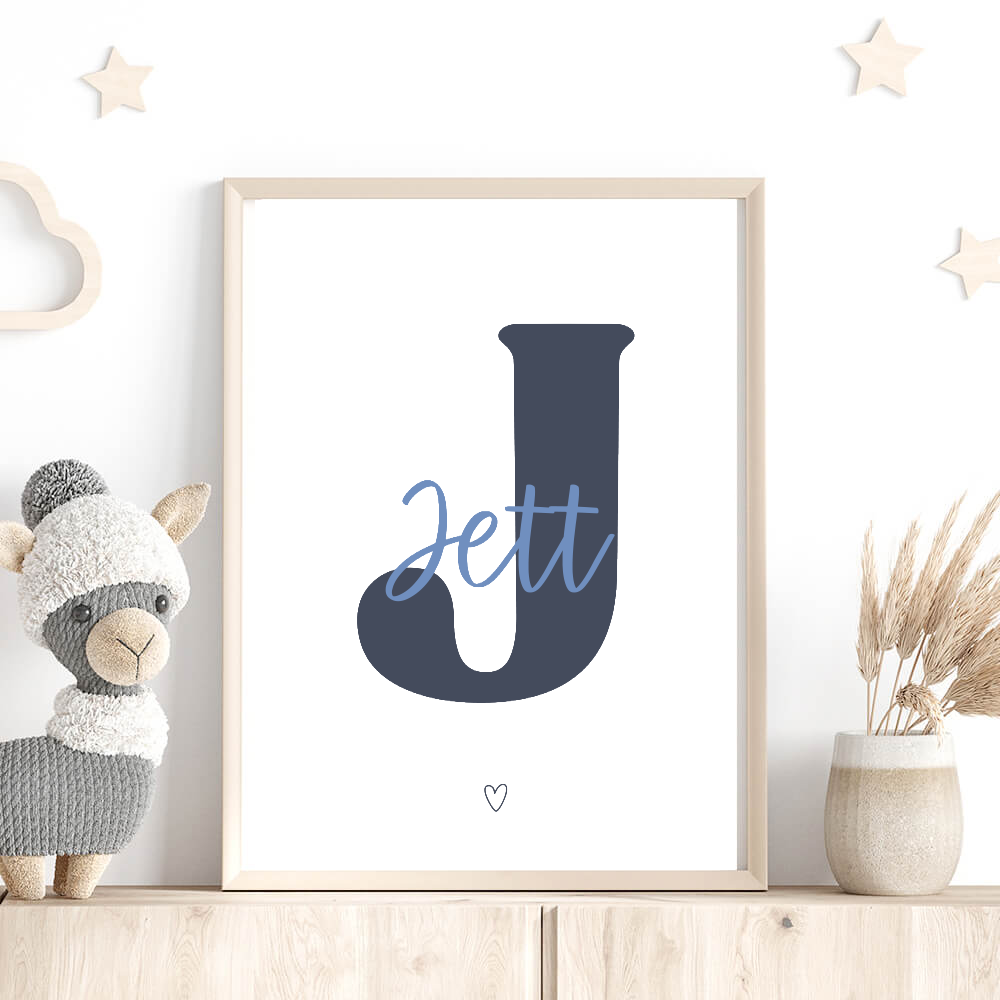 Script Initial Name Print with white background and dusk J initial in wooden frame on shelf with stuffed llama and stars, personalised nursery keepsake by Paper Heart Design NZ