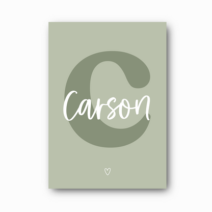 Script Initial Name Print with moss serif C initial and white script name overlay on sage background, personalised child's name print by Paper Heart Design NZ