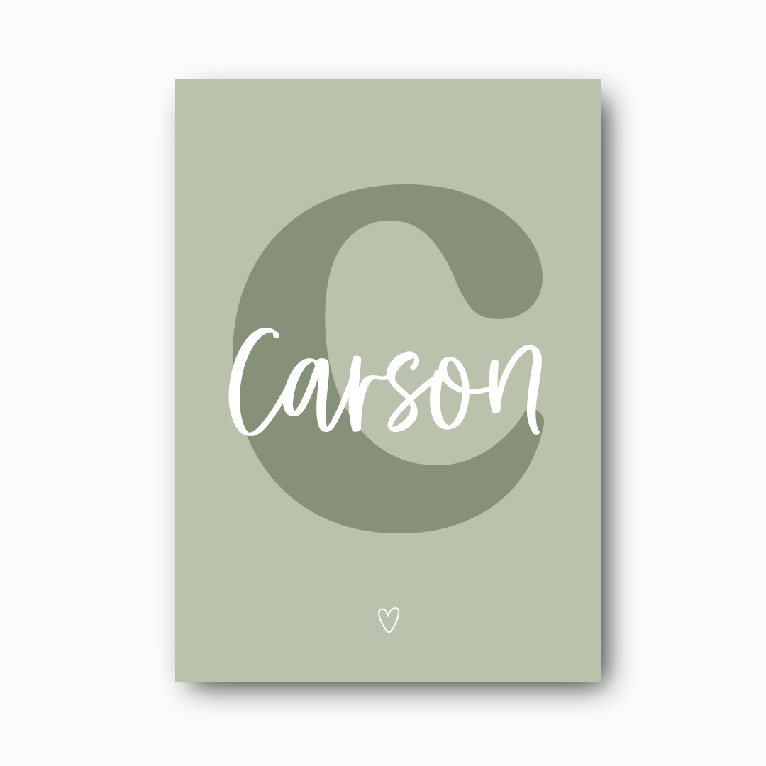 Script Initial Name Print with moss serif C initial and white script name overlay on sage background, personalised child's name print by Paper Heart Design NZ