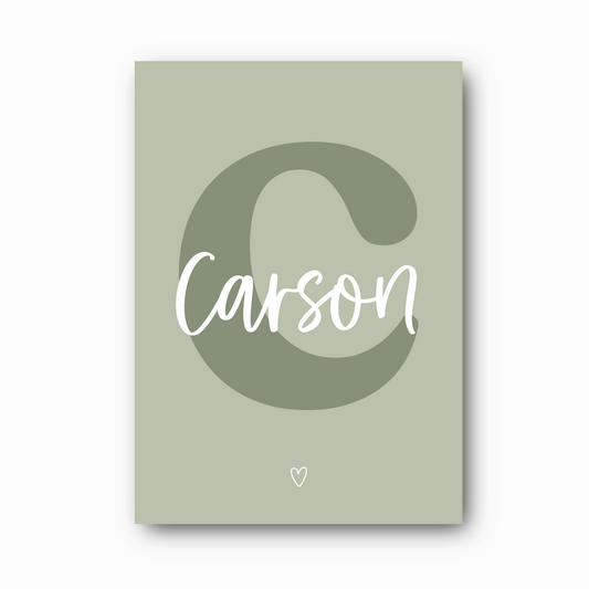 Script Initial Name Print with moss serif C initial and white script name overlay on sage background, personalised child's name print by Paper Heart Design NZ