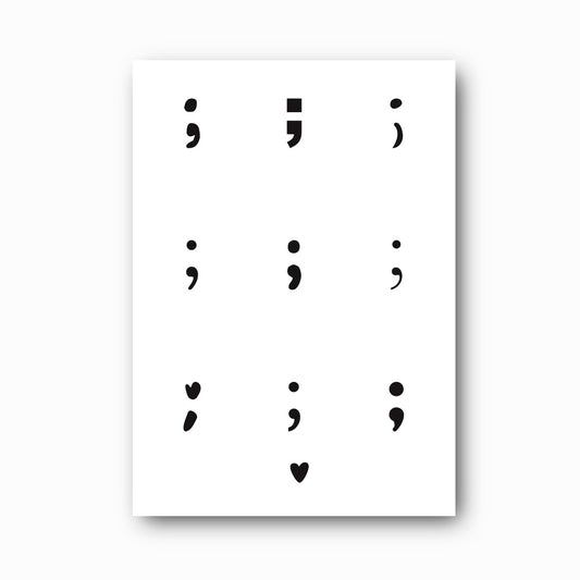 Semicolon print in black on white, mental health awareness wall art by Paper Heart Design NZ
