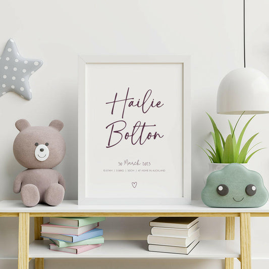 Signature Birth Print personalised baby birth print in grape framed on bookshelf with teddy, books, light and plant, nursery wall art by Paper Heart Design NZ