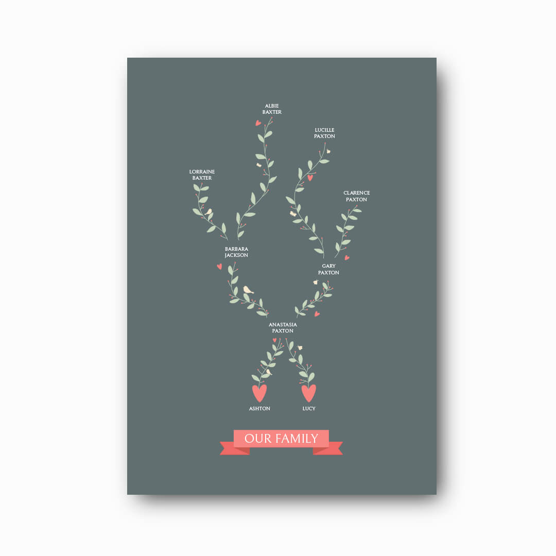 Single Branch Family Tree Print in slate on white background, personalised family tree keepsake for solo parent families by Paper Heart Design NZ