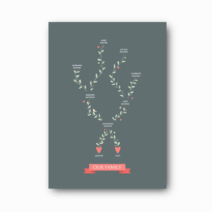 Single Branch Family Tree Print in slate on white background, personalised family tree keepsake for solo parent families by Paper Heart Design NZ