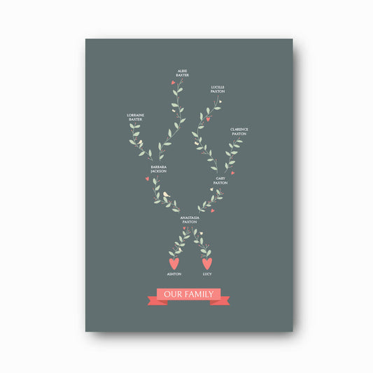 Single Branch Family Tree Print in slate on white background, personalised family tree keepsake for solo parent families by Paper Heart Design NZ