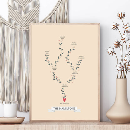 Single Branch Family Tree Print in stone framed on shelf with cream vase, dried cotton and candle, macrame wall hanging behind, by Paper Heart Design NZ