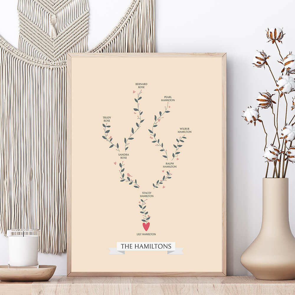 Single Branch Family Tree Print in stone framed on shelf with cream vase, dried cotton and candle, macrame wall hanging behind, by Paper Heart Design NZ