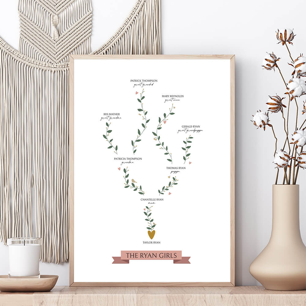 Single Branch Family Tree Print in white framed on shelf with white vase, dried bunny tails and candle, macrame wall hanging behind, by Paper Heart Design NZ