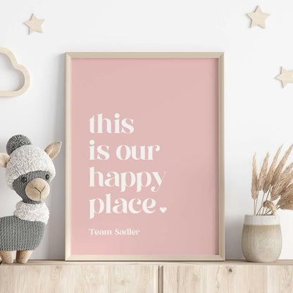 This Is Our Happy Place personalised family print in marshmallow framed on shelf with llama stuffed toy, wooden stars on wall and vase with dried plant, by Paper Heart Design NZ