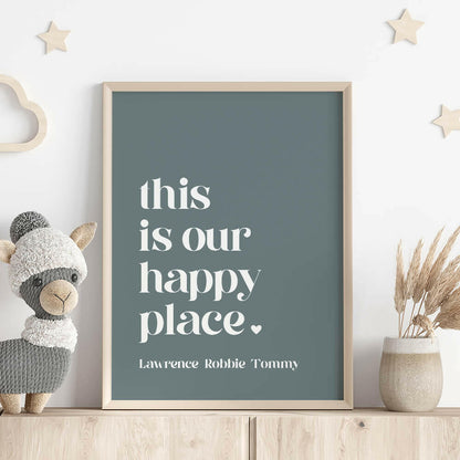 This Is Our Happy Place personalised family print in willow framed on shelf with llama stuffed toy, wooden stars on wall and vase with dried plant, by Paper Heart Design NZ