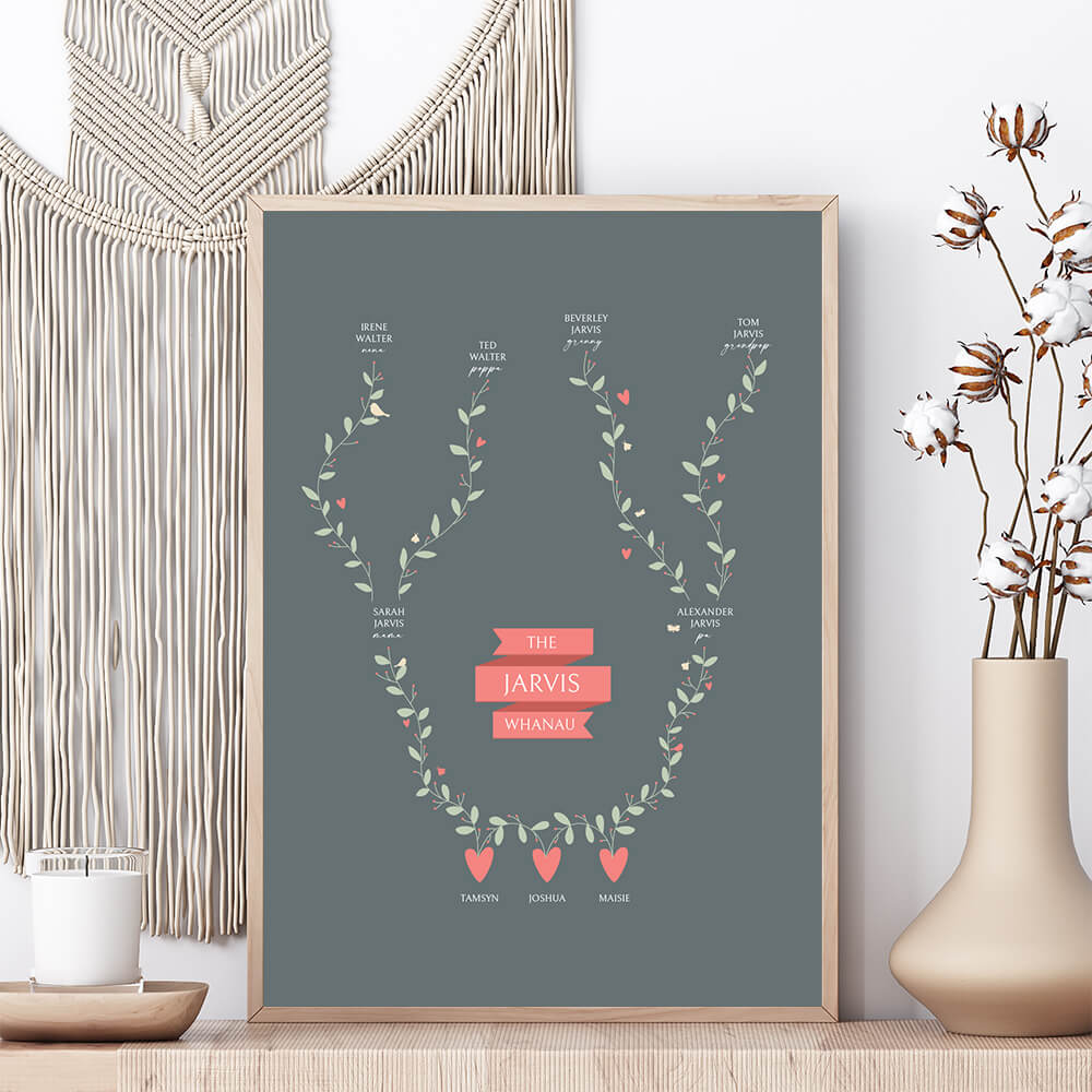 Three Generation Family Tree Print in slate framed on shelf with cream vase, dried cotton plant and candle, macrame wall hanging behind, by Paper Heart Design NZ