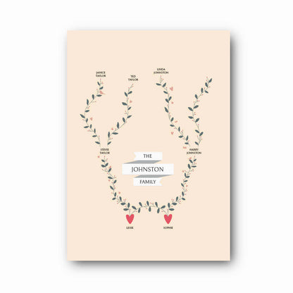 Three Generation Family Tree Print in stone on white background, personalised family heritage keepsake by Paper Heart Design NZ