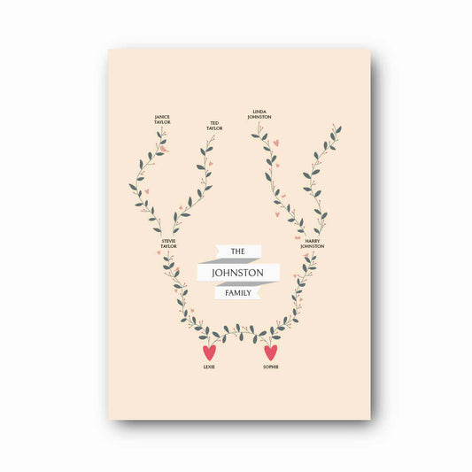 Three Generation Family Tree Print in stone on white background, personalised family heritage keepsake by Paper Heart Design NZ