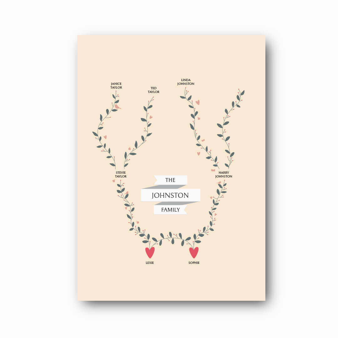 Three Generation Family Tree Print in stone on white background, personalised family heritage keepsake by Paper Heart Design NZ