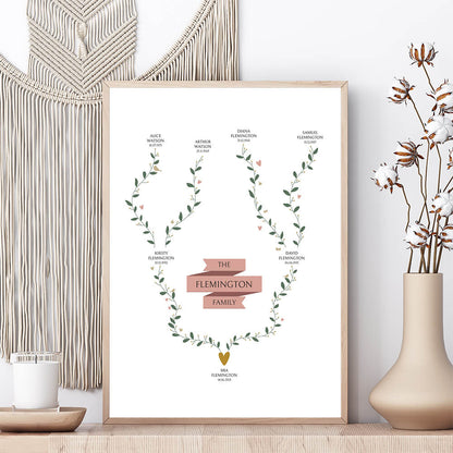 Three Generation Family Tree Print in white framed on shelf with cream vase, dried cotton plant and candle, macrame wall hanging behind, by Paper Heart Design NZ