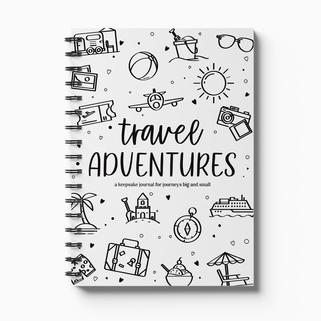 Travel Adventures keepsake journal front cover with travel themed icons in black on white background, NZ designed travel memory book by Paper Heart Design