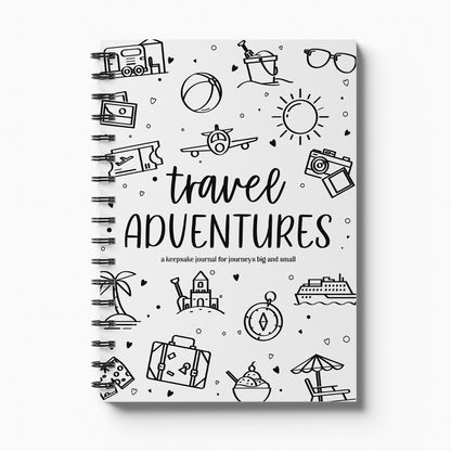 Travel Adventures keepsake journal front cover with travel themed icons in black on white background, NZ designed travel memory book by Paper Heart Design