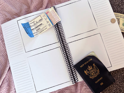 Travel Adventures keepsake journal open to passport style pages with space for photos and location stories, flat lay on pink and grey surface with passport and tickets, by Paper Heart Design NZ