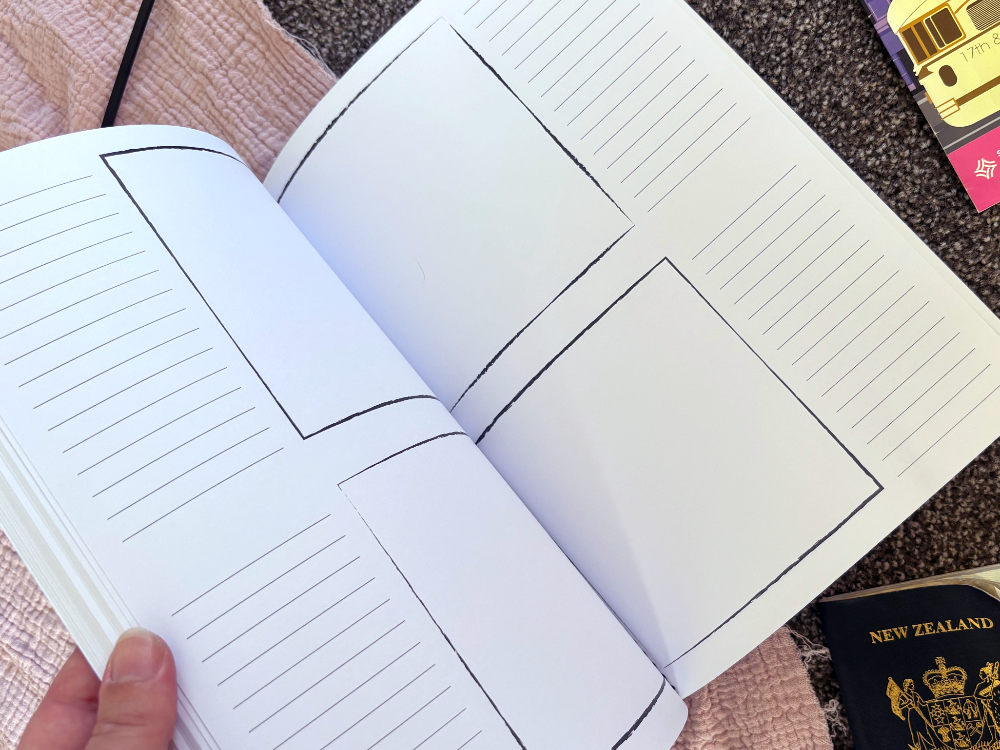 Travel Adventures keepsake journal partially open showing photo and details pages and book thickness on pink and grey fabric with passport and tram ticket, by Paper Heart Design NZ