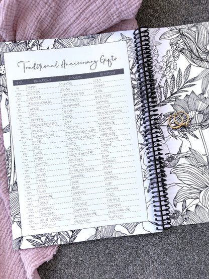 You and Me Anniversary keepsake book open to back page showing traditional and modern anniversary gifts list, gold rings on pink and grey fabric, by Paper Heart Design NZ