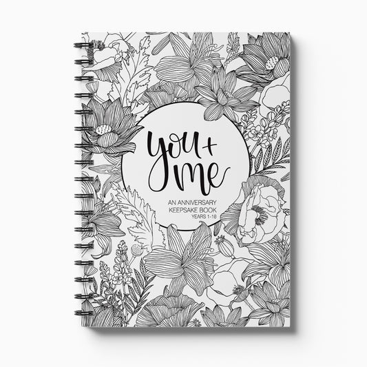 You and Me Anniversary keepsake book with floral cover design on white background, NZ anniversary journal by Paper Heart Design