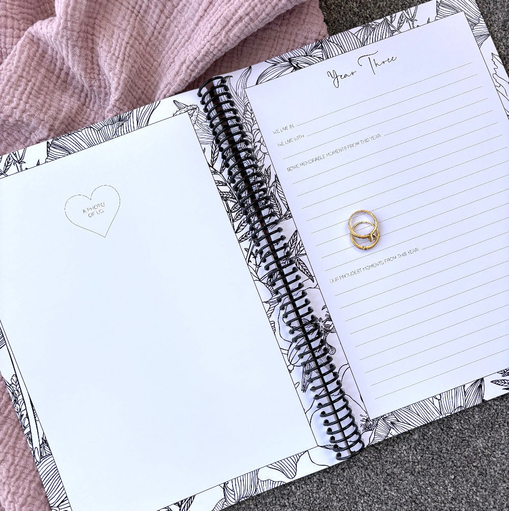 You and Me Anniversary keepsake book open to year three page spread with milestone prompts and photo space, gold rings on pink and grey fabric, by Paper Heart Design NZ