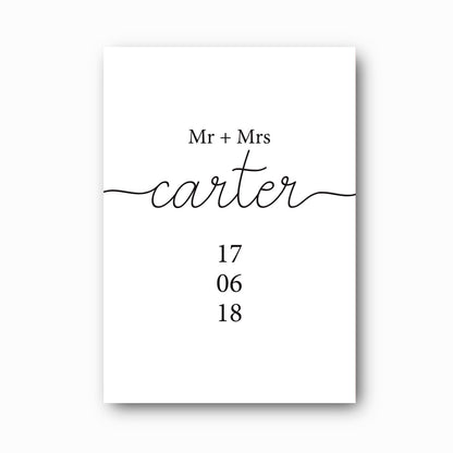 You and Me Wedding Date print with serif Mr and Mrs, script surname and stacked serif date in black on white, personalised wedding keepsake by Paper Heart Design NZ