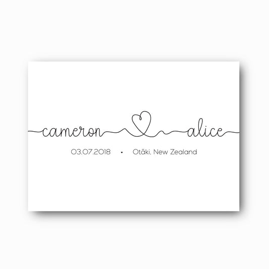 You and Me typographic wedding print with script first names connected by heart and sans serif date and location in black on white, personalised wedding keepsake by Paper Heart Design NZ