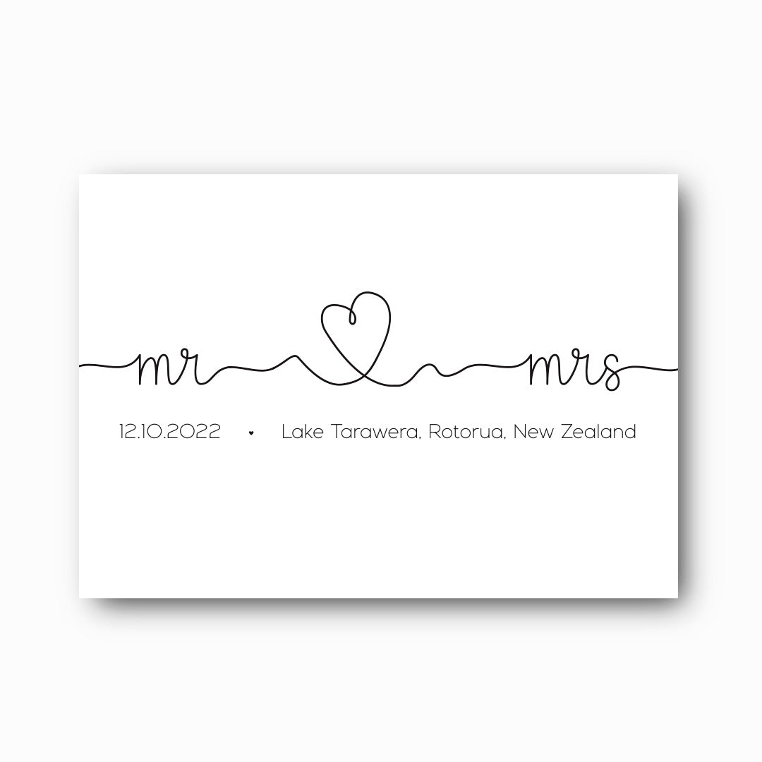 You and Me typographic wedding print with script Mr and Mrs connected by heart and sans serif date and location in black on white, personalised wedding keepsake by Paper Heart Design NZ
