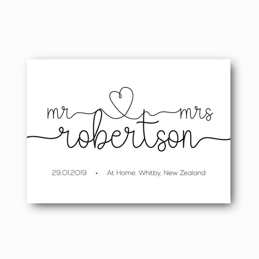 You and Me typographic wedding print with script Mr and Mrs connected by heart, script surname and sans serif date and location in black on white, personalised wedding keepsake by Paper Heart Design NZ