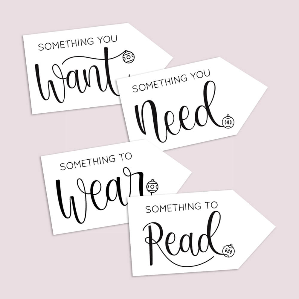 Printable Want, Need, Wear, Read gift tags NZ